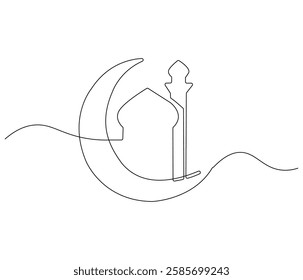 Continuous one line drawing of Crescent moon and mosque. Single line drawing illustration of Crescent moon and mosque for greeting card. Ramadan kareem concept vector art. Doodle line illustration.
