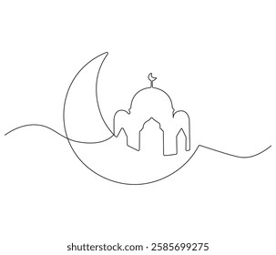 Continuous one line drawing of Crescent moon and mosque. Single line drawing illustration of Crescent moon and mosque for greeting card. Ramadan kareem concept vector art. Doodle line illustration.