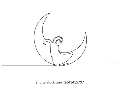 Continuous one line drawing of Crescent moon with Goat. Single line drawing illustration of Muslim Eid Al Adha sacrificing goat to God. Eid Al Adha Banner concept vector art. Doodle line illustration.