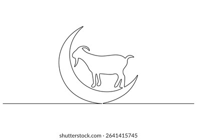 Continuous one line drawing of Crescent moon with Goat. Single line drawing illustration of Muslim Eid Al Adha sacrificing goat to God. Eid Al Adha Banner concept vector art. Doodle line illustration.
