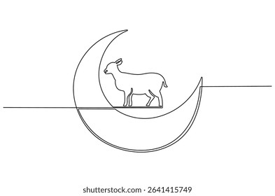 Continuous one line drawing of Crescent moon with Goat. Single line drawing illustration of Muslim Eid Al Adha sacrificing goat to God. Eid Al Adha Banner concept vector art. Doodle line illustration.
