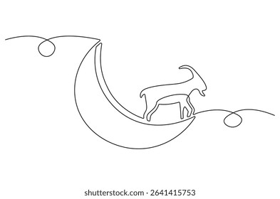 Continuous one line drawing of Crescent moon with Goat. Single line drawing illustration of Muslim Eid Al Adha sacrificing goat to God. Eid Al Adha Banner concept vector art. Doodle line illustration.