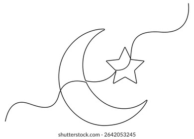 Continuous one line drawing of Crescent moon and star Ramadan outline vector art illustration
