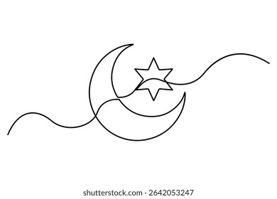 Continuous one line drawing of Crescent moon and star Ramadan outline vector art illustration
