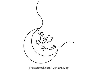 Continuous one line drawing of Crescent moon and star Ramadan outline vector art illustration
