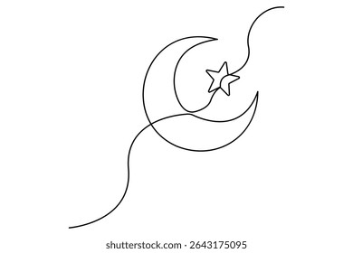 Continuous one line drawing of Crescent moon and star Ramadan isolated on white background outline vector art illustration
