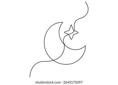 Continuous one line drawing of Crescent moon and star Ramadan isolated on white background outline vector art illustration
