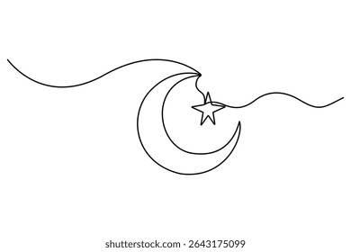 Continuous one line drawing of Crescent moon and star Ramadan isolated on white background outline vector art illustration
