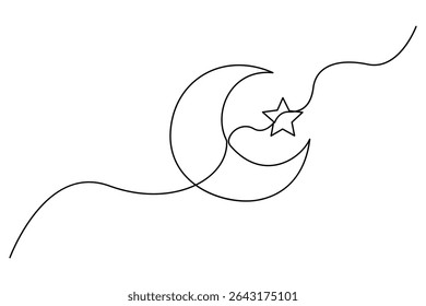 Continuous one line drawing of Crescent moon and star Ramadan isolated on white background outline vector art illustration
