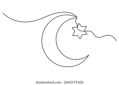 Continuous one line drawing of Crescent moon and star Ramadan isolated on white background outline vector art illustration
