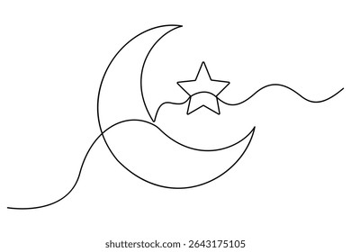 Continuous one line drawing of Crescent moon and star Ramadan isolated on white background outline vector art illustration
