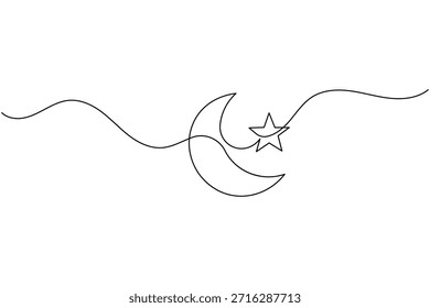 Desenho contínuo de uma linha de lua crescente e símbolo de estrela