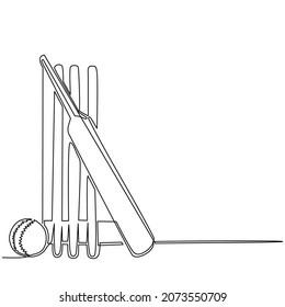 Continuous one line drawing cricket bat, ball, and wicket stumps isolated on white. Set equipment for cricket game. Competitive and challenging team sport. Single line draw design vector illustration