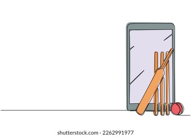 Continuo dibujo de una línea de bateador de críquet, pelota y trozos de wicket con smartphone. Juegos de cricket en línea. Aplicaciones de Smartphone. Cricket móvil. ilustración vectorial de diseño de línea única