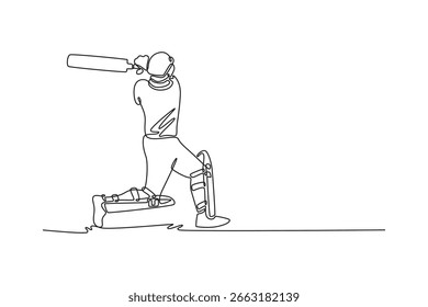 Uma linha contínua desenhando um jogador de críquete praticar rebatidas em campo verde. Atleta de críquete masculino com equipamento de proteção e capacete em ação no estádio. Ilustração gráfica vetorial de design de desenho de linha única