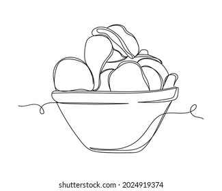 Continuous One Line Drawing Of Crispy Wavy Chips In Plate In Silhouette On A White Background. Linear Stylized.Minimalist.