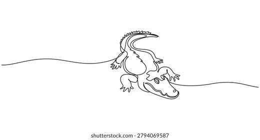 Continuous One Line Drawing of Crocodile, Minimalist Reptile Wildlife Animal Vector Illustration