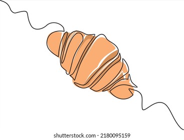 Continuous one line drawing of croissant for logo in minimalist style. Hand drawn french pastry line sketch for print, breakfast concept.
