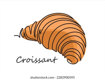 Continuous one line drawing of croissant for logo in minimalist style. Hand drawn french pastry line sketch for print, breakfast concept. Contemporary vector illustration on white background