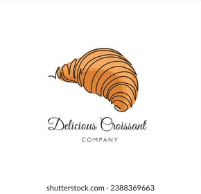 Continuous one line drawing of croissant for logo in minimalist style. Hand drawn french pastry line sketch for print, breakfast concept. Contemporary vector illustration on white background