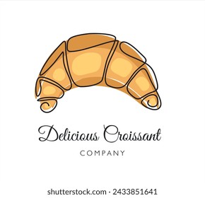 Kontinuierliche einzeilige Zeichnung von Croissant für Logo in minimalistischem Stil. Handgezeichnete französische Teigwaren Linie Skizze für Druck, Frühstück Konzept. Zeitgenössische Vektorgrafik auf weißem Hintergrund