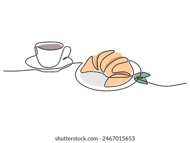 Continuous one line drawing of croissant with coffee for logo in minimalist style. Hand drawn french pastry line sketch for print, breakfast concept.