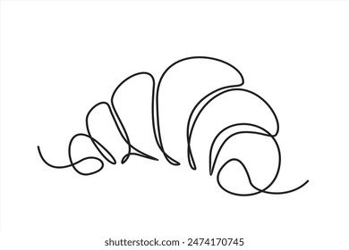 Continuous one line drawing of croissant for logo in minimalist style. Hand drawn french pastry line sketch for print, breakfast concept.