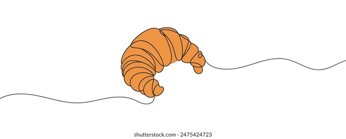 Continuous one line drawing of croissant for logo in minimalist style. Hand drawn french pastry line sketch for print, breakfast concept. Contemporary vector illustration on white background