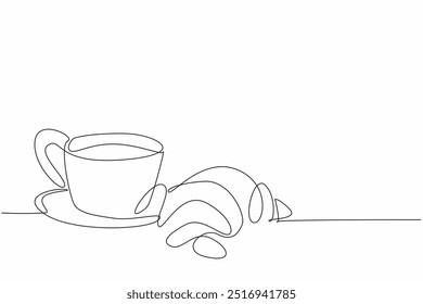 Croissant de desenho contínuo de uma linha com xícara de café. Alívio de sonolência. Prepare-se para enfrentar horas extras pesadas. Incentivador. Cheio. Dia Nacional do Croissant. Ilustração de vetor de design de desenho de linha única