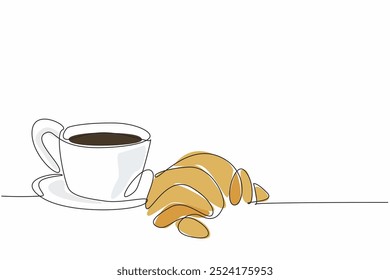 Croissant de desenho contínuo de uma linha com xícara de café. Alívio de sonolência. Prepare-se para enfrentar horas extras pesadas. Incentivador. Cheio. Dia Nacional do Croissant. Ilustração de vetor de design de desenho de linha única