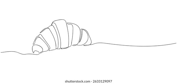 Continuous one line drawing of croissant for logo in minimalist style. Hand drawn french pastry line sketch for print, breakfast concept. Contemporary vector illustration on white background