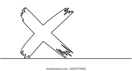 Dibujo continuo de una línea a través de Mark. Línea Arte cruz Marca Símbolo, Una línea cruz icono Vector, Línea continua. Ilustración vectorial de contorno.