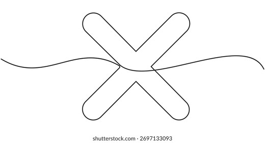 Dibujo continuo de una línea a través de Mark. Línea Arte cruz Marca Símbolo, Una línea cruz icono Vector, Línea continua. Ilustración vectorial de contorno.