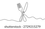 Continuous one line drawing of a crossed dining fork and knife. Utensils drawing with editable black stroke on white background. Vector illustration.