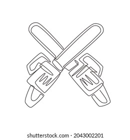 Continuous one line drawing crossed chainsaws isolated on white background. Tool woodcutter symbol. Two crossed chainsaws for lumberjack icon. Single line draw design vector graphic illustration