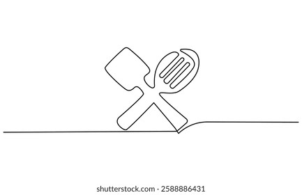 Continuous One line drawing of crossed spatula and whisk, perfect for cooking or baking designs.