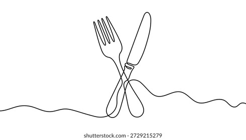 Dibujo continuo de una línea de un tenedor de comedor cruzado y un cuchillo. Dibujo de utensilios con trazo negro editable sobre fondo blanco. Ilustración vectorial.