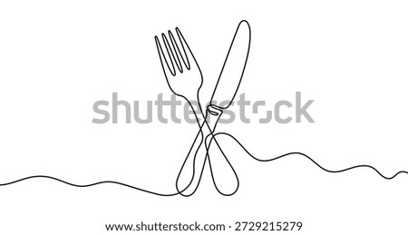 Continuous one line drawing of a crossed dining fork and knife. Utensils drawing with editable black stroke on white background. Vector illustration.