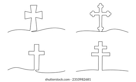 Continuous one line drawing of crosses set. Symbol of religion, Vector illustration.