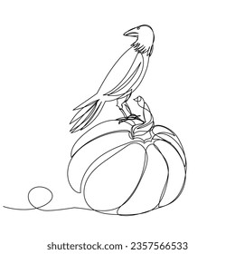 Continuous one line drawing of crow sitting on a pumpkin. Simple vector illustration