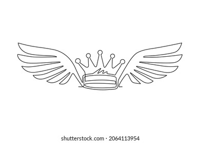 Continuous One Line Drawing Crown With Wings. Fantasy Crown Icon Isolated On White. Royal, Luxury, Vip, First Class Sign. Winner Award. Magic, Fairytale Girly Symbol. Single Line Draw Design Vector