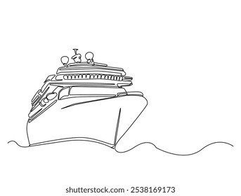 Continuous one line drawing of cruise ship tourism transportation. Cruise ship single line art vector illustration. Editable vector. 
