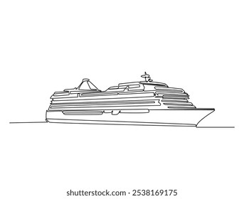 Continuous one line drawing of cruise ship tourism transportation. Cruise ship single line art vector illustration. Editable vector. 
