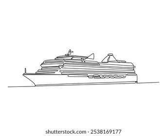 Continuous one line drawing of cruise ship tourism transportation. Cruise ship single line art vector illustration. Editable vector. 
