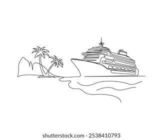 Dibujo continuo de una línea de crucero en la playa con palmera. Barco de crucero con paisaje de playa de verano en Ilustración vectorial de un solo contorno. Trazo editable.