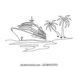 Continuous one line drawing of Cruise ship in the beach with palm tree. Cruise ship with summer beach landscape in single outline vector illustration. Editable stroke.