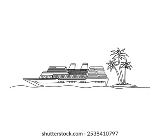 Continuous one line drawing of Cruise ship in the beach with palm tree. Cruise ship with summer beach landscape in single outline vector illustration. Editable stroke.