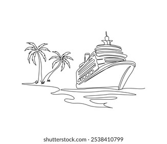 Continuous one line drawing of Cruise ship in the beach with palm tree. Cruise ship with summer beach landscape in single outline vector illustration. Editable stroke.