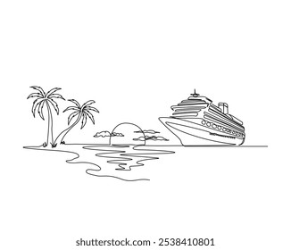 Continuous one line drawing of Cruise ship in the beach with palm tree. Cruise ship with summer beach landscape in single outline vector illustration. Editable stroke.