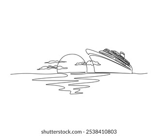 Dibujo continuo de una línea de crucero en la playa con palmera. Barco de crucero con paisaje de playa de verano en Ilustración vectorial de un solo contorno. Trazo editable.